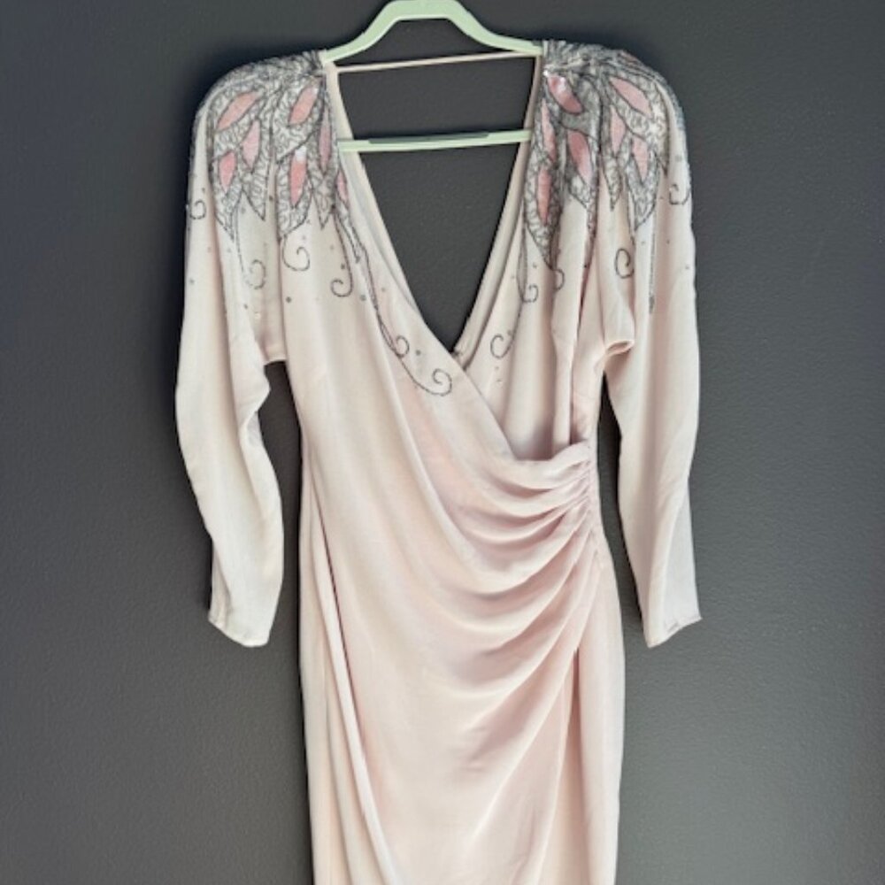 Soft pale pink chiffon dress with beads and sequins